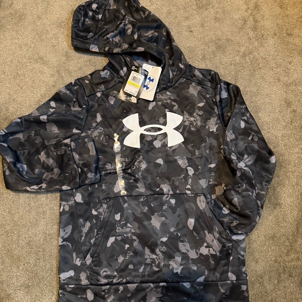 Under Armour Boys Camo Hoodie Grey Black Fleece Sweatshirt Youth Large NWT